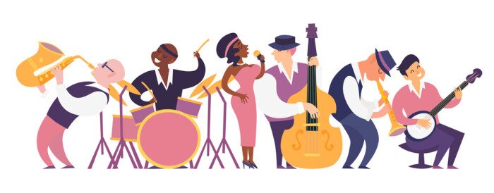 Sticker Jazz band vector colorful illustration. Cartoon jazz musicians set: contrabassist, saxophone, drum, clarinet, banjo player and singer. Isolated on white background