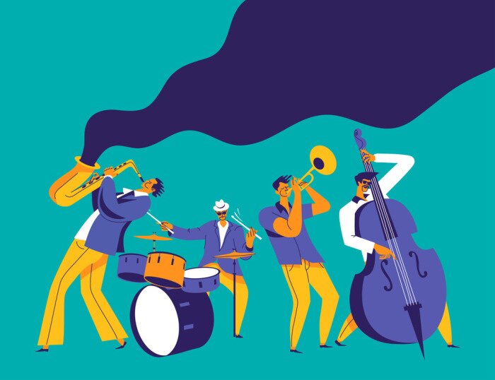 Sticker Jazz quartet. Funky musicians with saxophone, trumpet, drums and bass. Modern flat colors illustration.