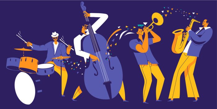 Sticker Jazz quartet. Musicians with abstract music wave on dark blue background.