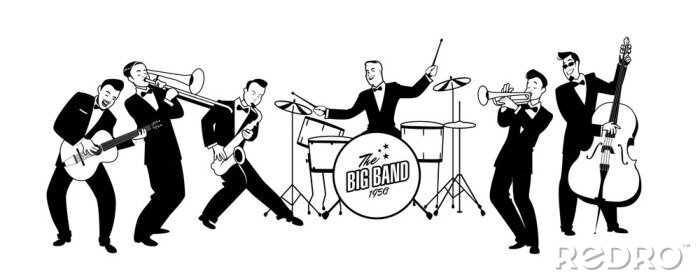 Sticker Jazz Swing Orchestra. Retro stijl. Cartoon vector illustratie. 50's of 60's stijl muzikanten