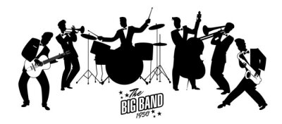 Sticker Jazz Swing Orchestra. Silhouetten vector illustratie. 50's of 60's stijl muzikanten