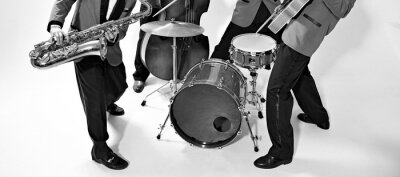 Sticker Jazzbandspelers op wit. Vintage muziek achtergrond