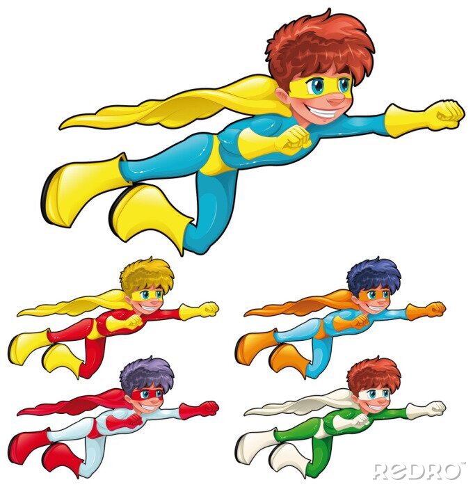 Sticker Jonge vliegende superhelden in kleurrijke kostuums