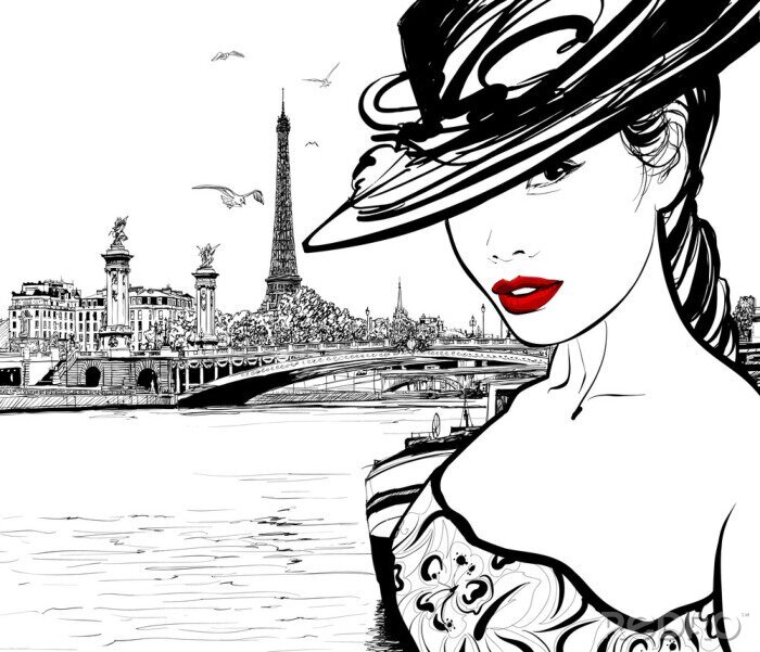 Sticker Jonge vrouw in de buurt van de rivier de Seine in Parijs