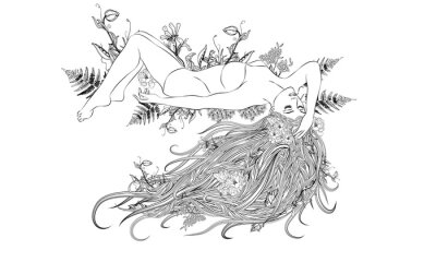 Sticker Jonge vrouw met lang haar en bloemenkroon met hartbladeren