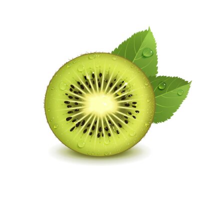 Sticker Juicy Kiwi Fruit with Green Leaves