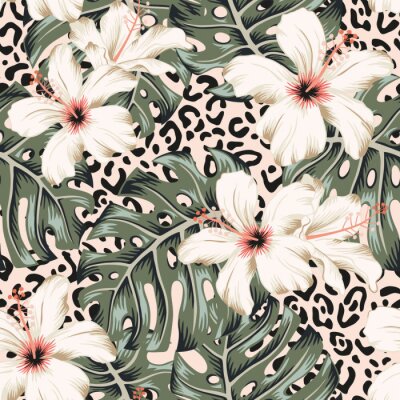 Behang Jungle bladeren en tropische hibiscus bloemen