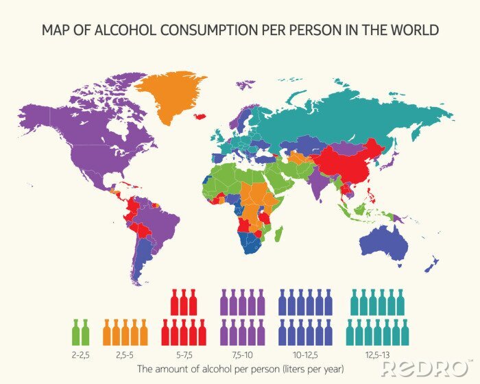 Sticker Kaart van alcoholconsumptie per persoon in de wereld