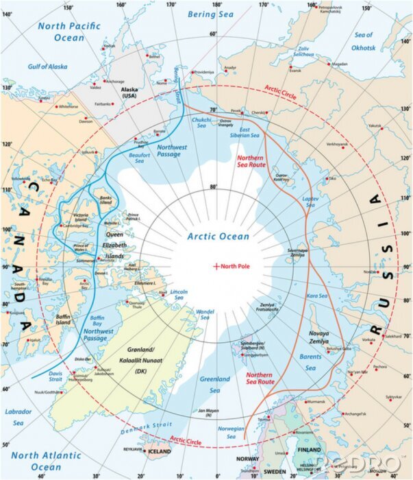 Sticker Kaart van het Noordpoolgebied, de noordwestelijke doorgang en de noordelijke zeeroute