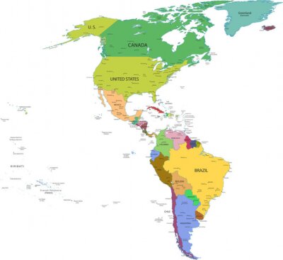 Sticker Kaart van Zuid-en Noord-Amerika met landen