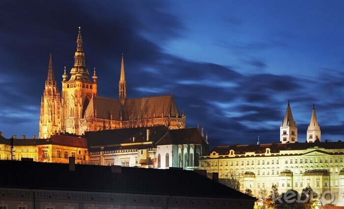 Sticker Kasteel van Praag bij schemering - Tsjechië