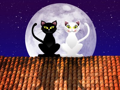 Sticker Katten op het dak en de volle maan