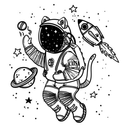 Sticker Kattenastronaut speelt met planeten