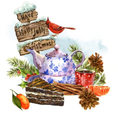 Sticker Kerst aquarel wenskaart met zoet dessert