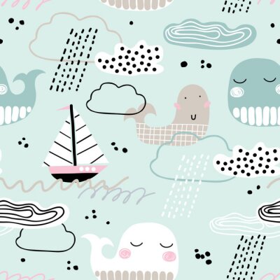 Kinderachtig naadloos patroon met walvis, boot, wolken en golven. Scandinavische stijl. Zomer jachthaven achtergrond. Perfect voor stof, textiel. Vector achtergrond. Pastelkleuren