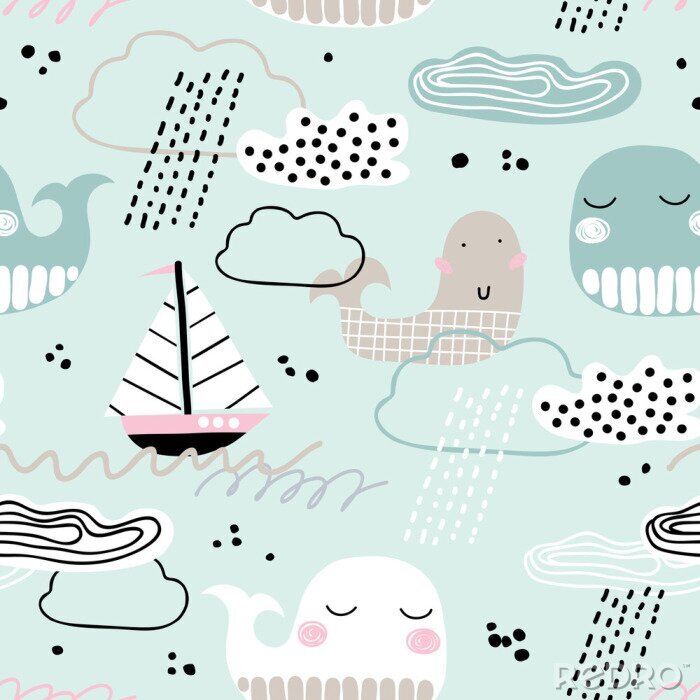 Sticker Kinderachtig naadloos patroon met walvis, boot, wolken en golven. Scandinavische stijl. Zomer jachthaven achtergrond. Perfect voor stof, textiel. Vector achtergrond. Pastelkleuren