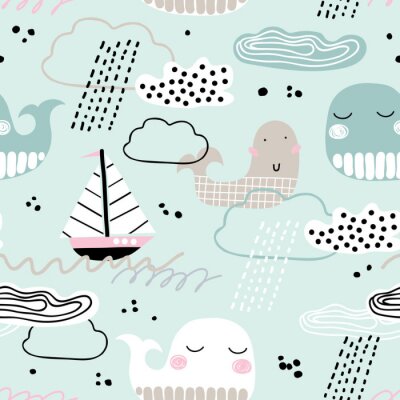 Behang Kinderachtig naadloos patroon met walvis, boot, wolken en golven. Scandinavische stijl. Zomer jachthaven achtergrond. Perfect voor stof, textiel. Vector achtergrond. Pastelkleuren