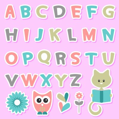 Sticker Kinderalfabet met kat en uil