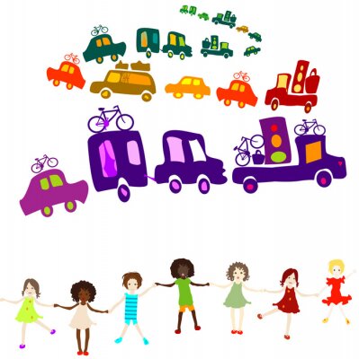 Sticker Kinderen op de achtergrond van een kleurrijke rij auto's