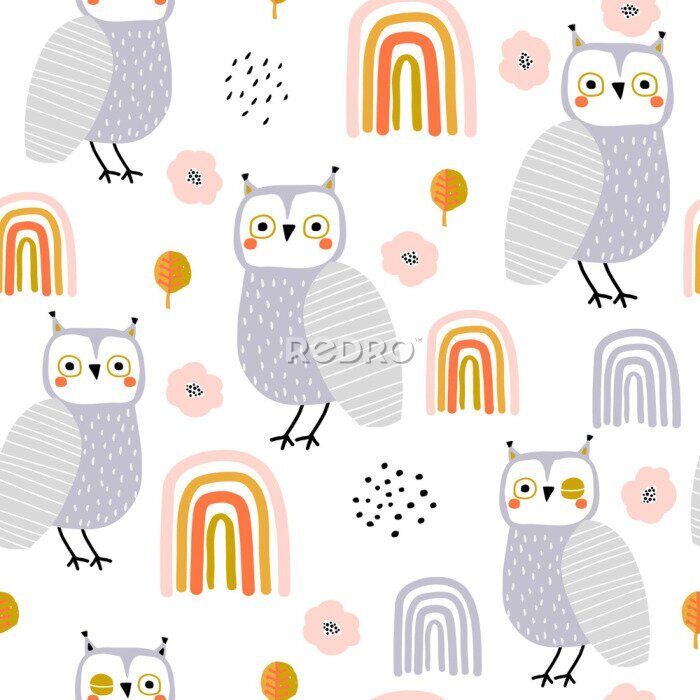Sticker Kinderpatroon met uilen en regenbogen in Scandinavische stijl