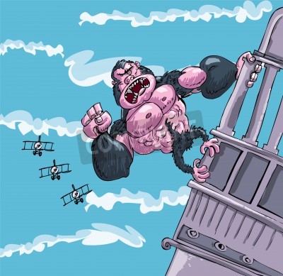 Sticker King Kong op wolkenkrabber cartoon afbeelding