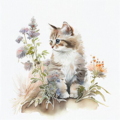 Sticker Kitten in de wei met bloemen