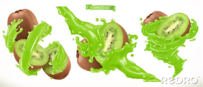 Sticker Kiwi-sap. Vers fruit 3D-realistische vector pictogram
