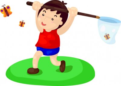 Sticker Kleine jongen die vlinders op het net vangt