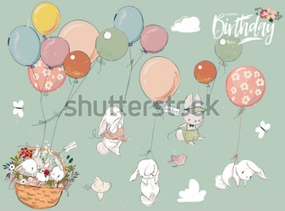 Sticker Kleine konijntjes drijvend op ballonnen