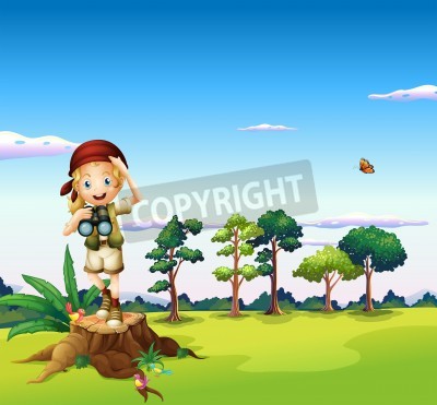 Sticker Kleine reiziger met verrekijker in het veld