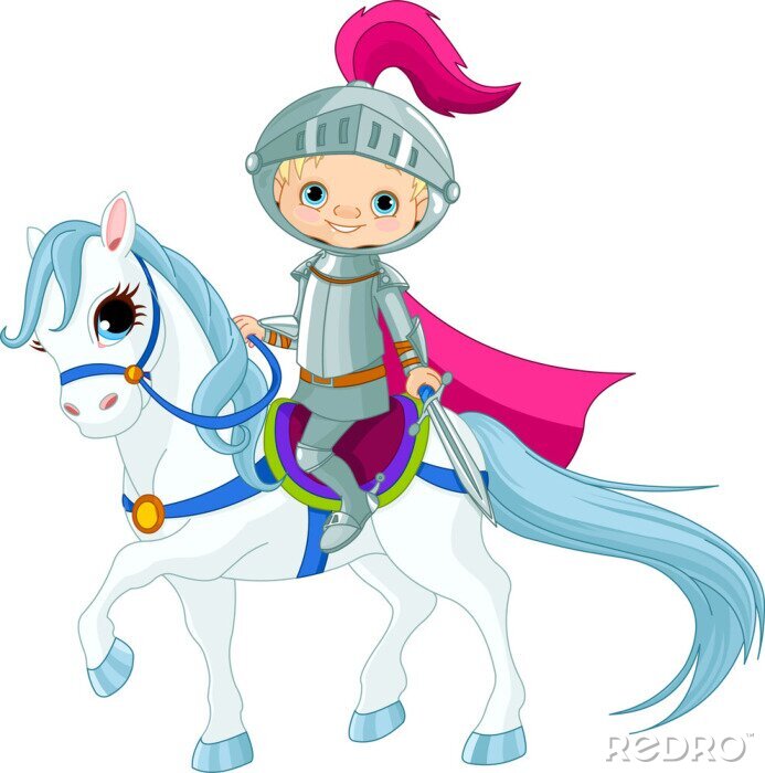 Sticker Kleine ridder in harnas op een paard