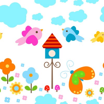 Sticker Kleurrijk vogelhuisje tussen bloemen