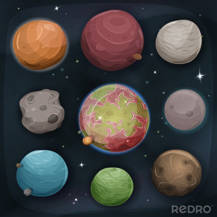 Sticker Kleurrijke afbeeldingen van planeten en asteroïden