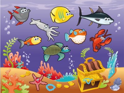 Sticker Kleurrijke bewoners van de zeebodem, een sprookjesachtige illustratie