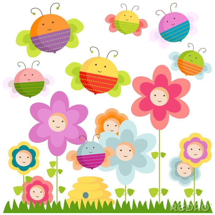 Sticker Kleurrijke bijen en bloemen