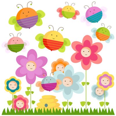 Sticker Kleurrijke bijen en bloemen