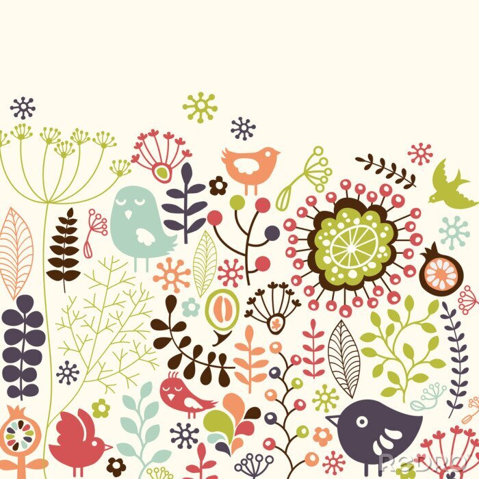 Sticker kleurrijke bloemen kaart met kleine vogels