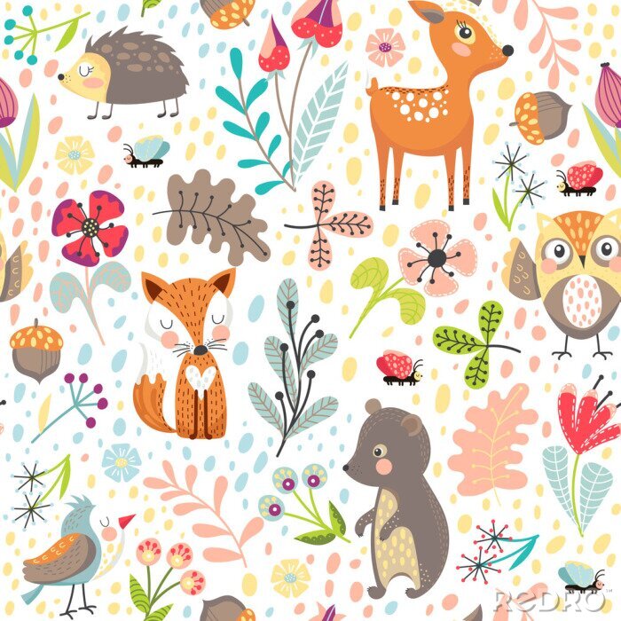 Sticker Kleurrijke bosdieren op een witte achtergrond