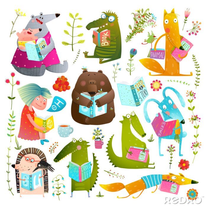 Sticker Kleurrijke dieren die boeken lezen