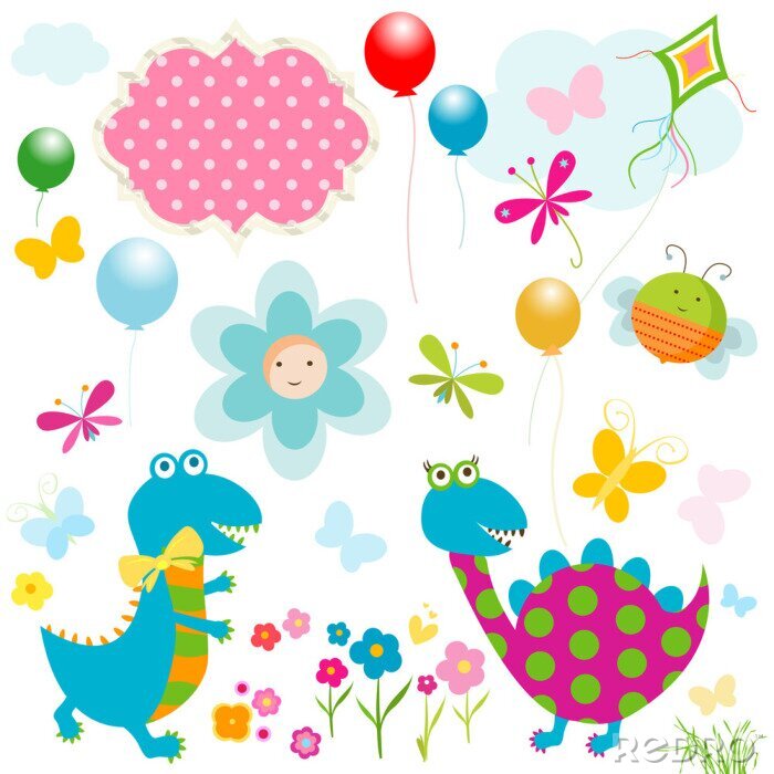 Sticker Kleurrijke dinosaurussen tussen vrolijke regenboogmotieven