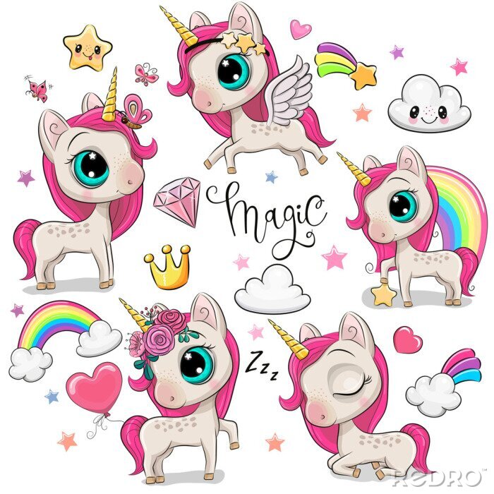 Sticker Kleurrijke eenhoorns en een lachende wolk