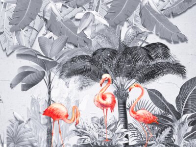 Sticker Kleurrijke flamingo's op een grijze achtergrond