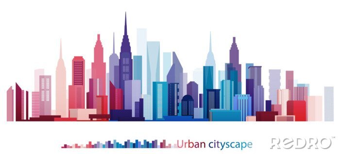 Sticker Kleurrijke gebouw en City, Urban stadsgezicht, abstract scène van de stad, Twilight in de stad