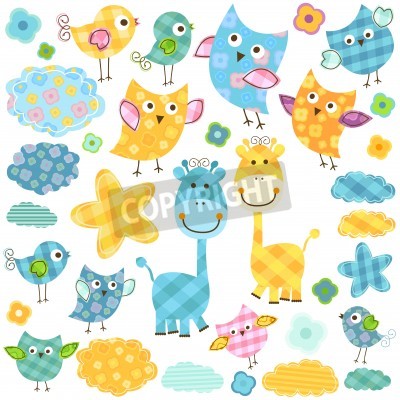 Sticker Kleurrijke giraffen en vogels decoratieve illustratie
