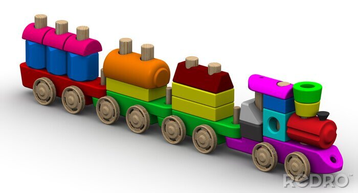 Sticker Kleurrijke houten speelgoed trein op een witte ondergrond. Geïsoleerd