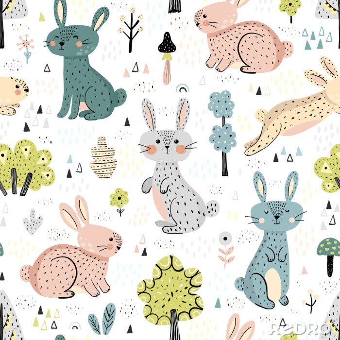 Sticker Kleurrijke konijnen in een Scandinavische stijl