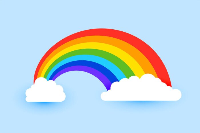 Sticker Kleurrijke regenboog met wolken op de hemelachtergrond