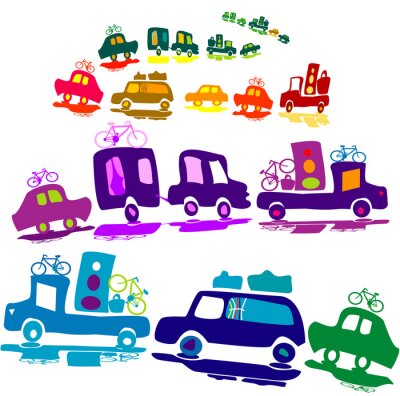 Sticker Kleurrijke rij auto's die op vakantie gaan