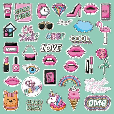 Sticker Kleurrijke roze afbeeldingen op een turquoise achtergrond