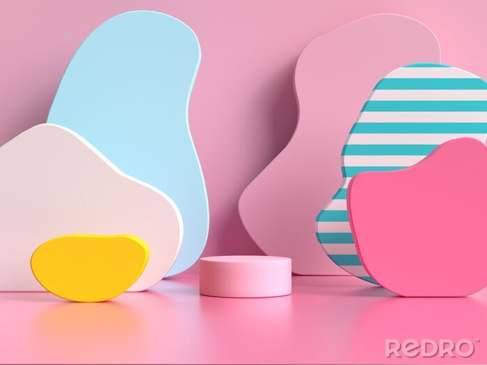 Sticker Kleurrijke ruimtelijke vormen op een roze achtergrond